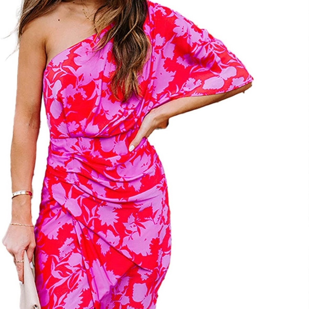 Pink Floral One Shoulder Sleeve Dress- Size XL
